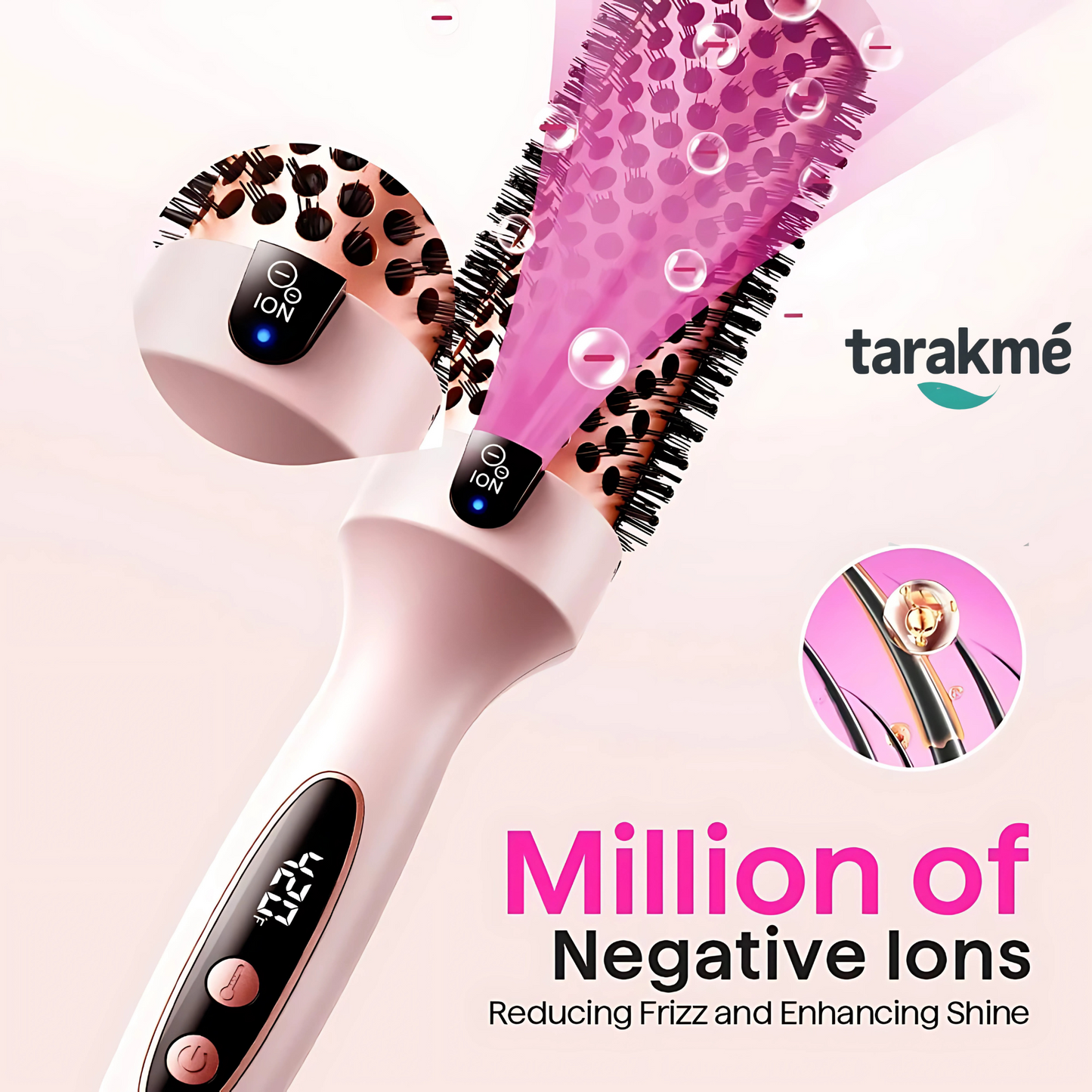 Tarakme Blowout Boost 1.5โ Thermal Brush โ Tourmaline Ceramic, Dual Voltage, 5 Heat Settings, Negative Ion Technology, Less Damage, Sakura Pink