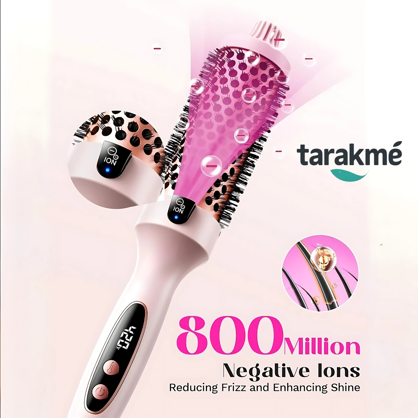 Tarakme Blowout Boost 1.5โ Thermal Brush โ Tourmaline Ceramic, Dual Voltage, 5 Heat Settings, Negative Ion Technology, Less Damage, Sakura Pink